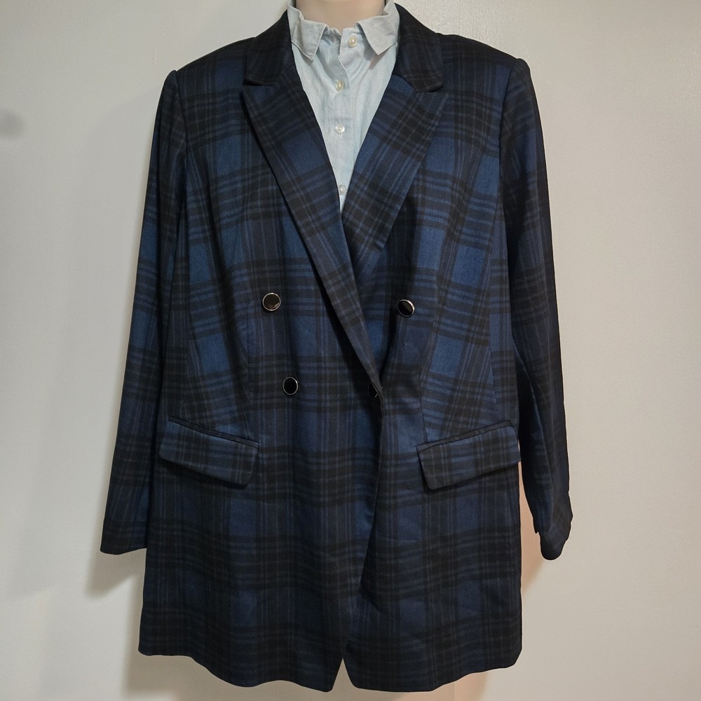 Lane Bryant The Bryant Blazer Women Size 24 Blue Black Plaid Double-Breasted NEW
